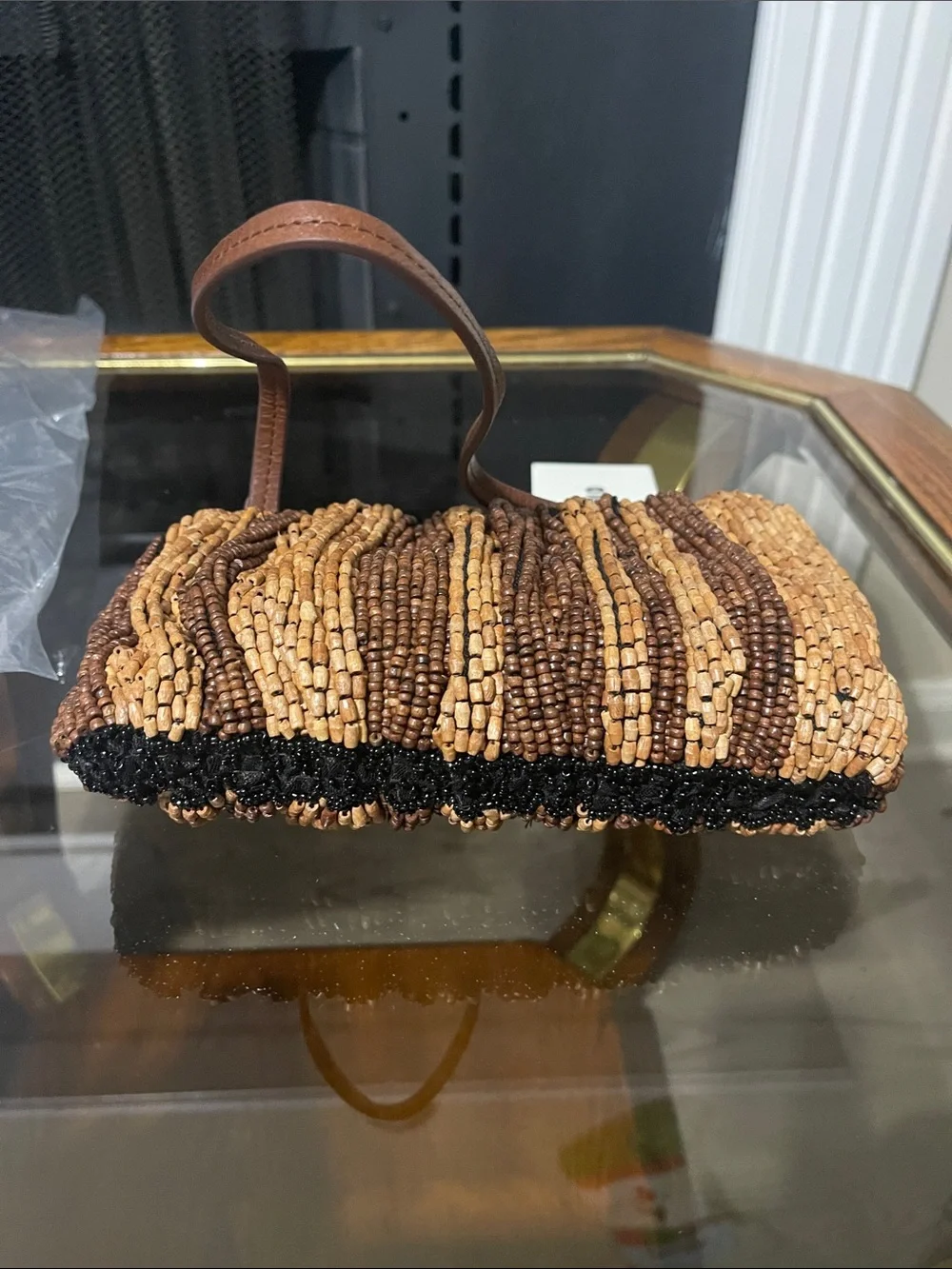 STAUD Beaded Tube Clutch in Light Brown & Dark Brown